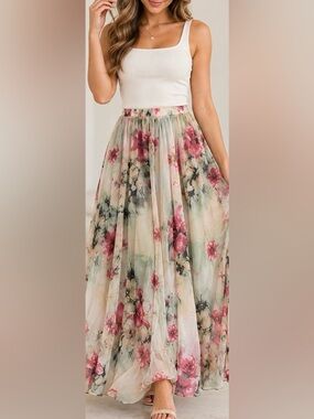 Chicwish Pink Floral Chiffon Maxi Skirt on Cream Base